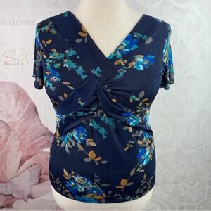 Jaclyn Smith Navy FLoral Cross Front Blouse Size XL/L